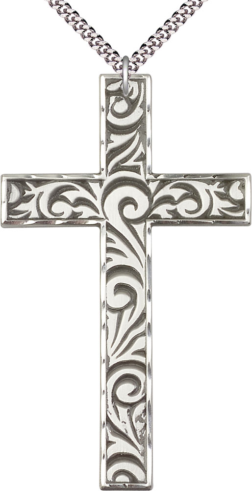 Sterling Silver Knurled Cross Pendant on a 24 inch Light Rhodium Heavy Curb chain