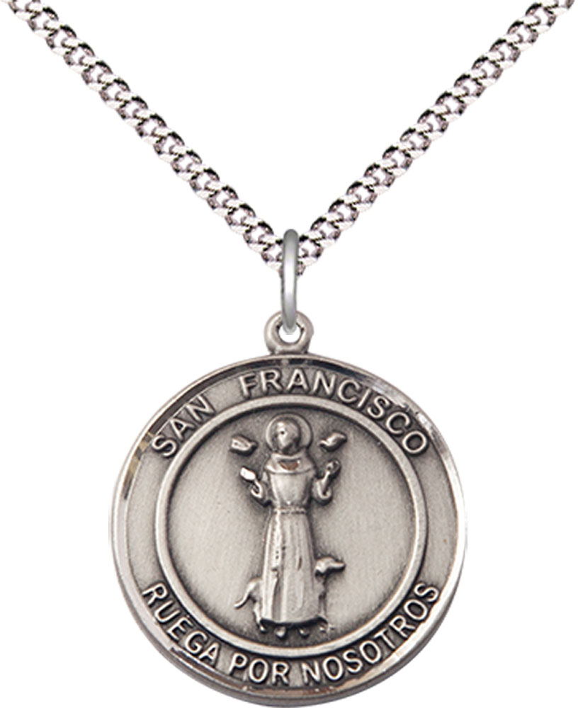Sterling Silver San Francis of Assisi Pendant on a 18 inch Light Rhodium Light Curb chain