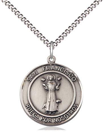 Sterling Silver San Francis of Assisi Pendant on a 18 inch Light Rhodium Light Curb chain