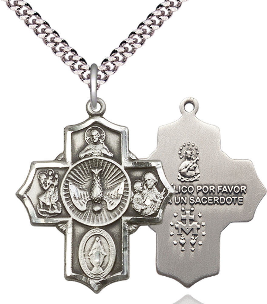 Sterling Silver 5-Way Pendant on a 24 inch Light Rhodium Heavy Curb chain