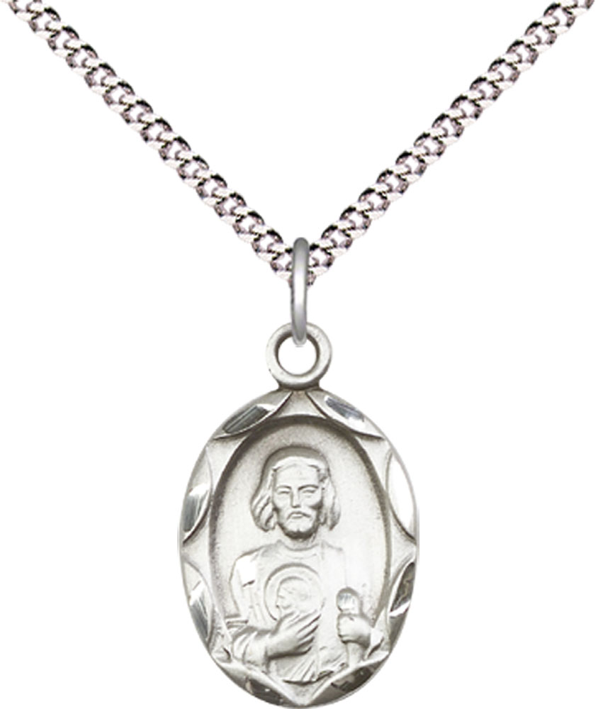 Sterling Silver Saint Jude Pendant on a 18 inch Light Rhodium Light Curb chain