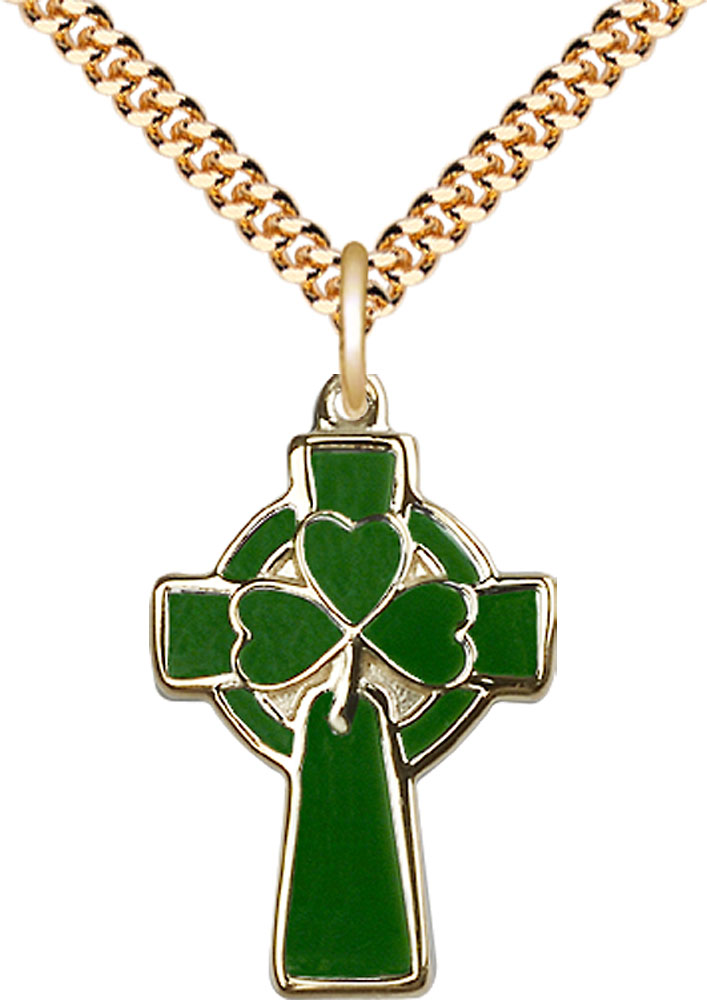 14kt Gold Filled Celtic Cross Pendant on a 24 inch Gold Plate Heavy Curb chain