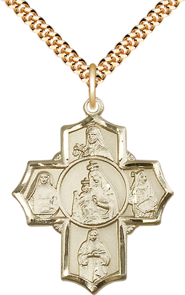 14kt Gold Filled Our Lady of Mount Carmel 4-Way Pendant on a 24 inch Gold Plate Heavy Curb chain