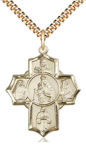 14kt Gold Filled Our Lady of Mount Carmel 4-Way Pendant on a 24 inch Gold Plate Heavy Curb chain