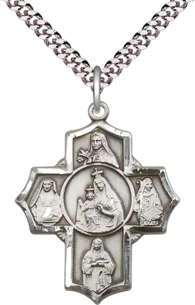 Sterling Silver Our Lady of Mount Carmel 4-Way Pendant on a 24 inch Light Rhodium Heavy Curb chain