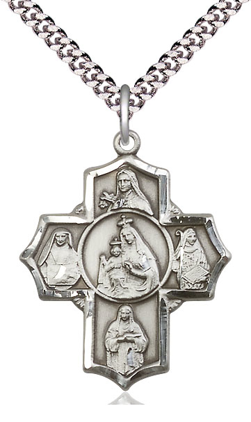Sterling Silver Our Lady of Mount Carmel 4-Way Pendant on a 24 inch Light Rhodium Heavy Curb chain