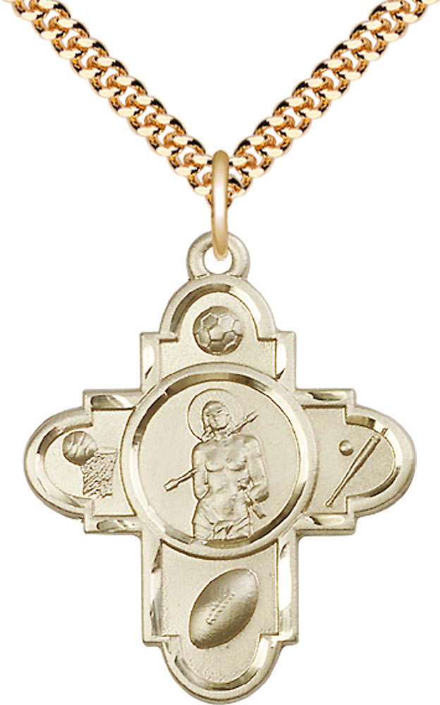 14kt Gold Filled Sports 5-Way St Sebastian Pendant on a 24 inch Gold Plate Heavy Curb chain