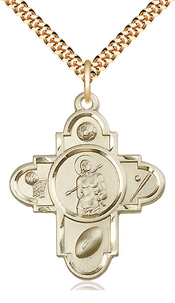 14kt Gold Filled Sports 5-Way St Sebastian Pendant on a 24 inch Gold Plate Heavy Curb chain