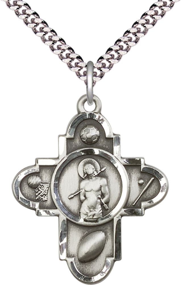 Sterling Silver Sports 5-Way St Sebastian Pendant on a 24 inch Light Rhodium Heavy Curb chain