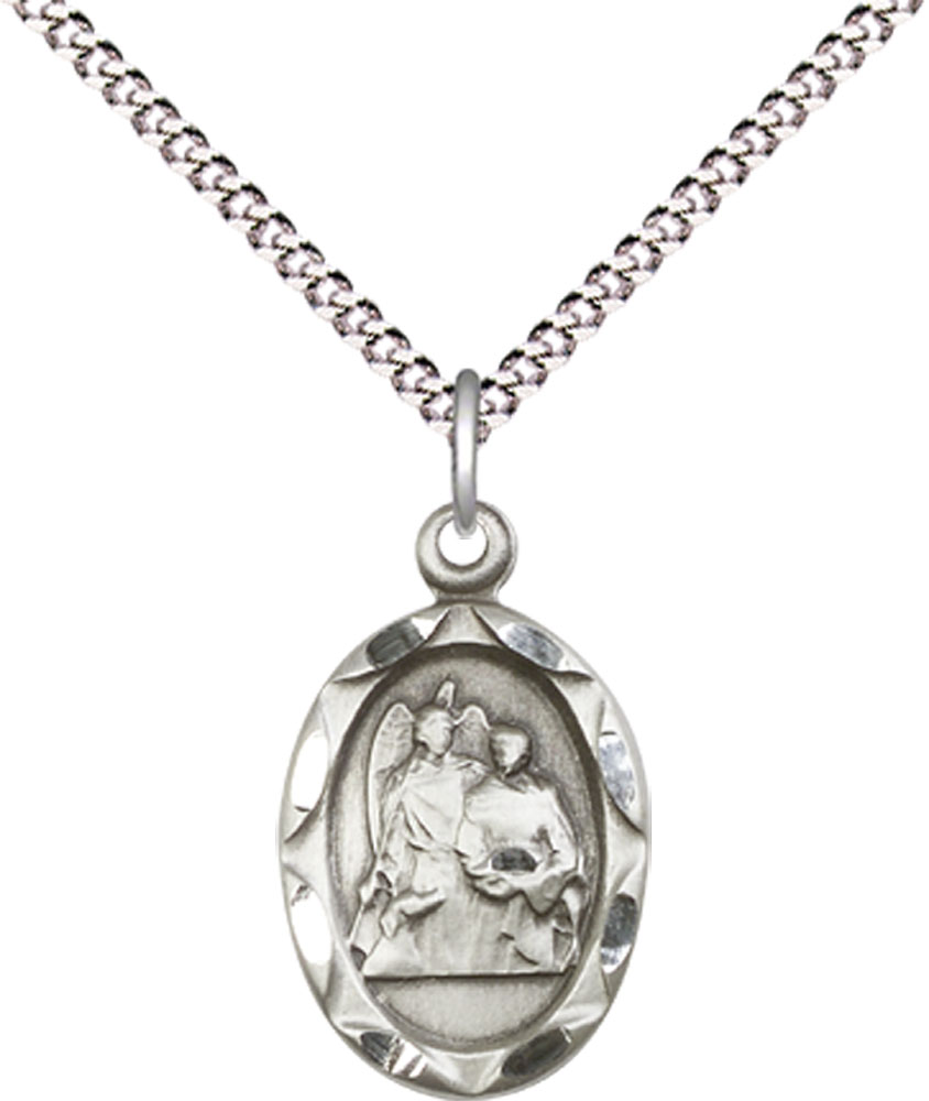Sterling Silver Saint Raphael Pendant on a 18 inch Light Rhodium Light Curb chain