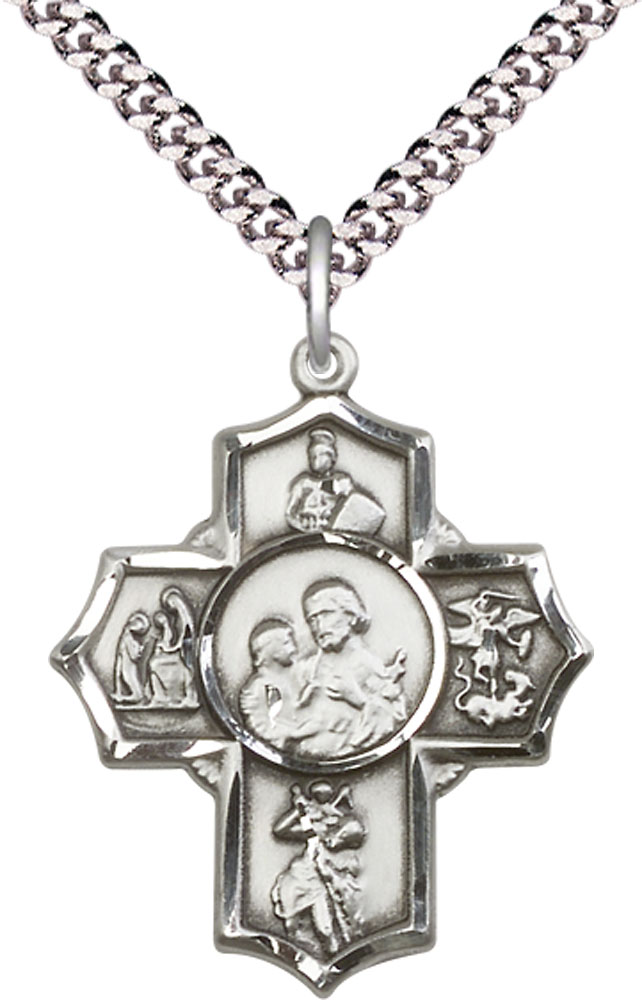 Sterling Silver 5-Way Firefighter Pendant on a 24 inch Light Rhodium Heavy Curb chain