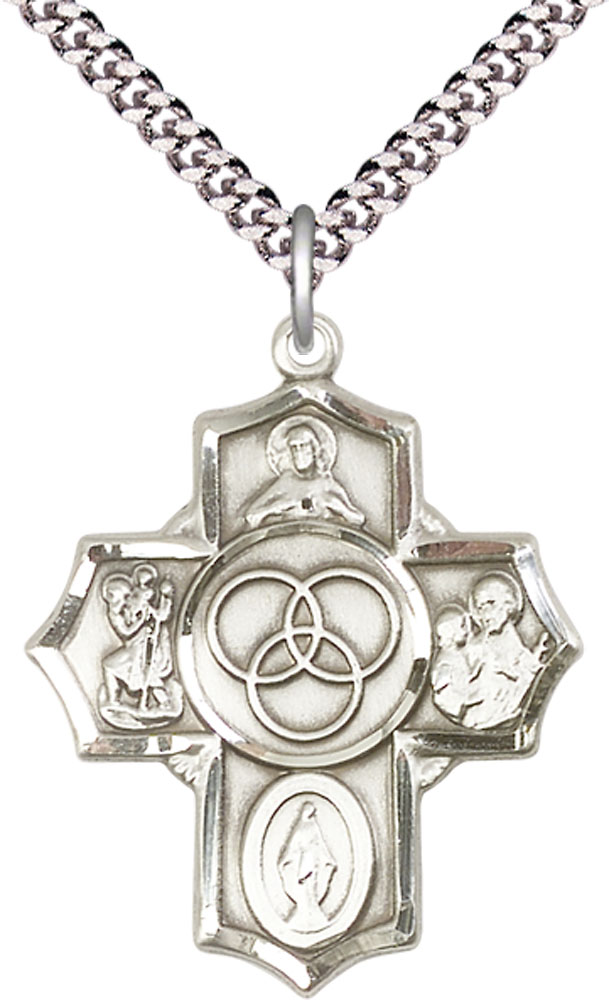 Sterling Silver Blended Family 5-Way Pendant on a 24 inch Light Rhodium Heavy Curb chain