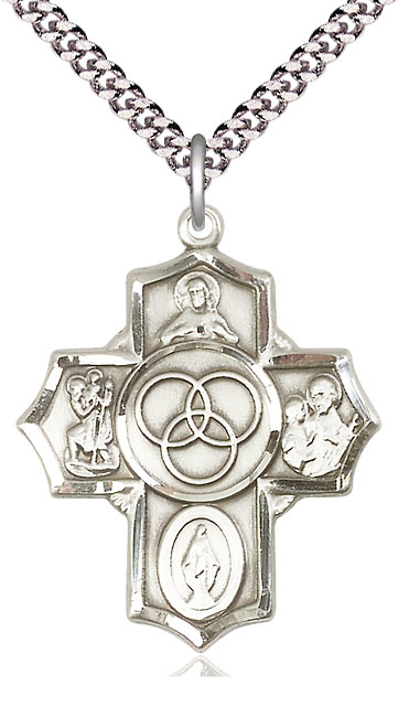 Sterling Silver Blended Family 5-Way Pendant on a 24 inch Light Rhodium Heavy Curb chain