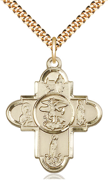 14kt Gold Filled Our Lady 5-Way Pendant on a 24 inch Gold Plate Heavy Curb chain