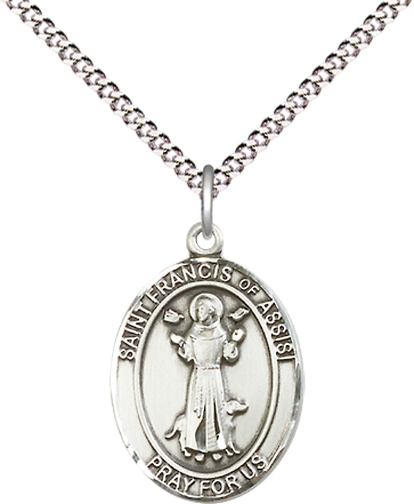 Sterling Silver Saint Francis of Assisi Pendant on a 18 inch Light Rhodium Light Curb chain