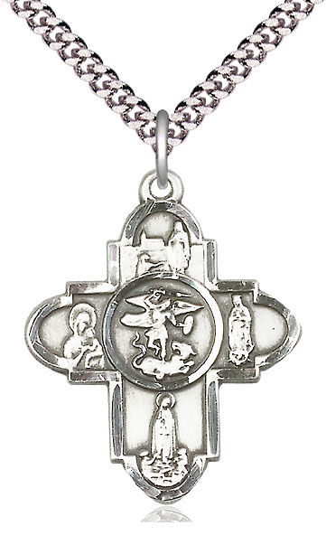 Sterling Silver Our Lady 5-Way Pendant on a 24 inch Light Rhodium Heavy Curb chain