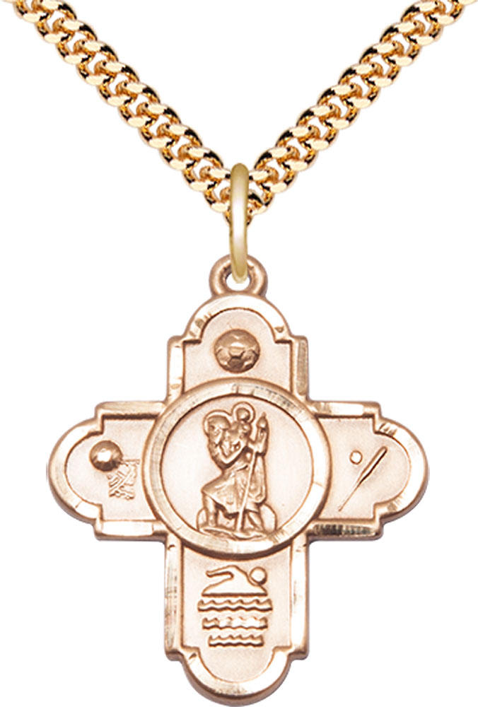 14kt Gold Filled 5-Way St Christopher Sports Pendant on a 24 inch Gold Plate Heavy Curb chain