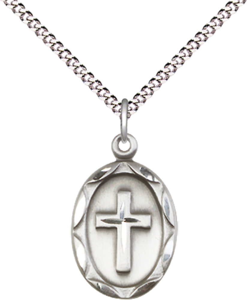 Sterling Silver Cross Pendant on a 18 inch Light Rhodium Light Curb chain