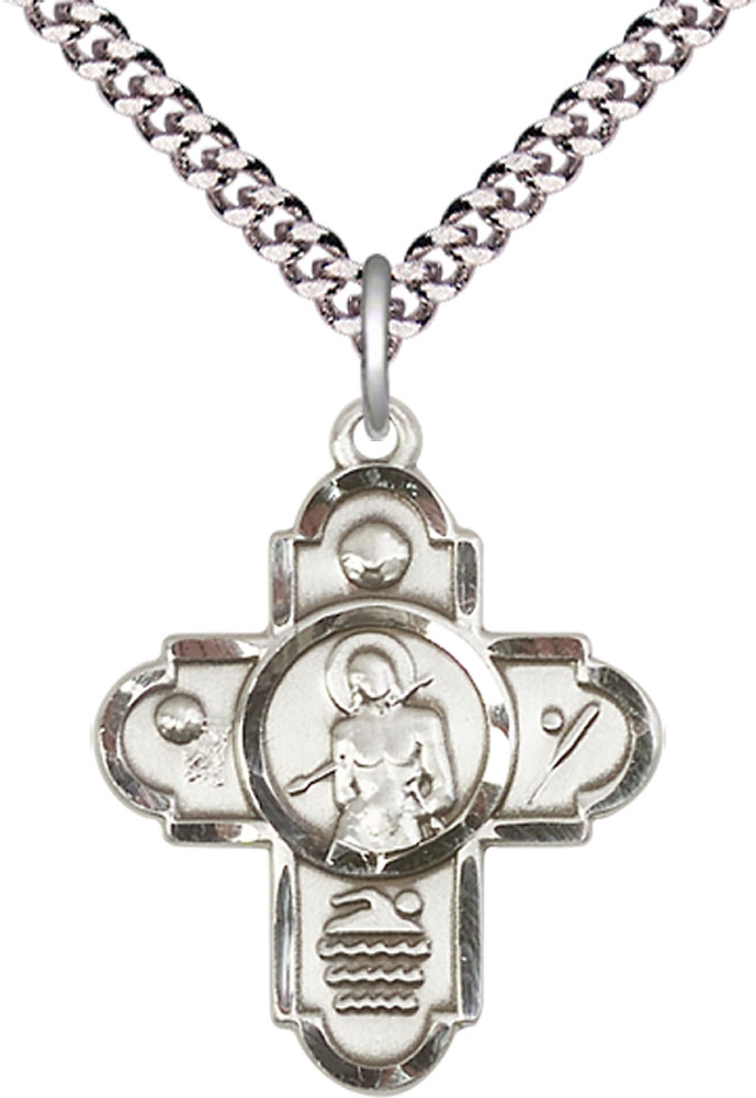 Sterling Silver 5-Way St Sebastian Sports Pendant on a 24 inch Light Rhodium Heavy Curb chain