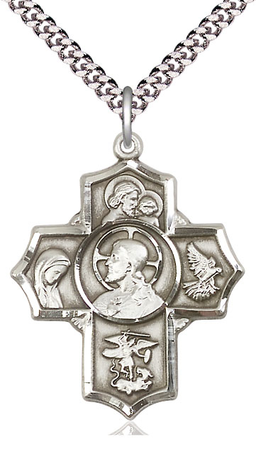 Sterling Silver Sacred Heart 5-Way Pendant on a 24 inch Light Rhodium Heavy Curb chain
