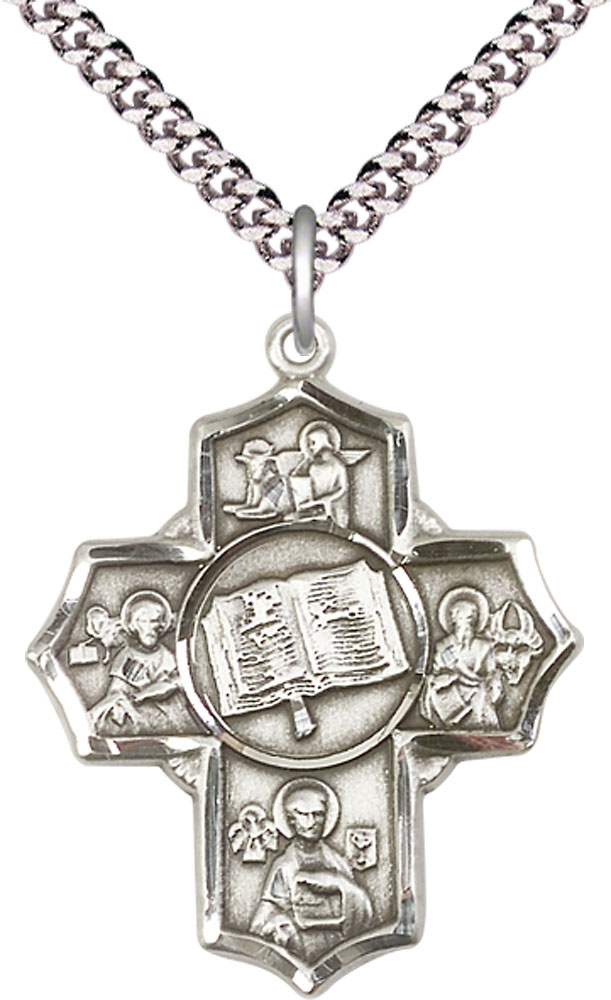 Sterling Silver Apostle 5-Way Pendant on a 24 inch Light Rhodium Heavy Curb chain