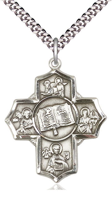 Sterling Silver Apostle 5-Way Pendant on a 24 inch Light Rhodium Heavy Curb chain