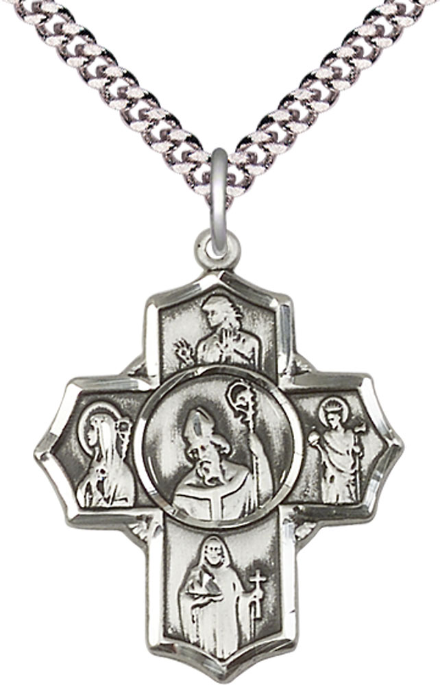 Sterling Silver Irish 5-Way Pendant on a 24 inch Light Rhodium Heavy Curb chain
