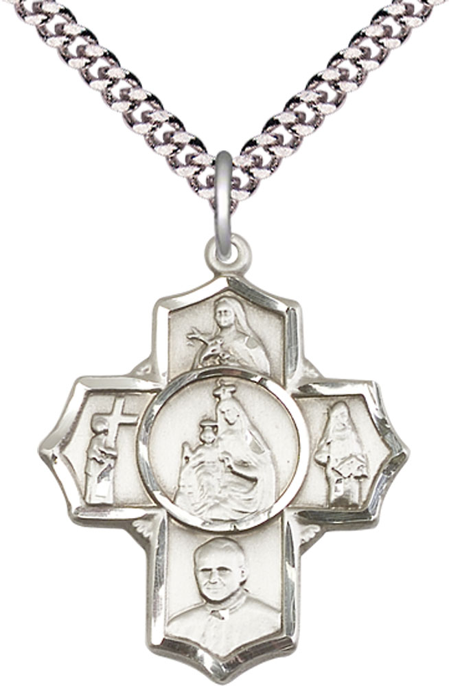 Sterling Silver Carmelite 4-Way Pendant on a 24 inch Light Rhodium Heavy Curb chain