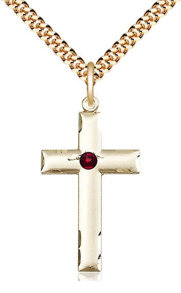 14kt Gold Filled Cross Pendant with a 3mm Garnet Swarovski stone on a 24 inch Gold Plate Heavy Curb chain