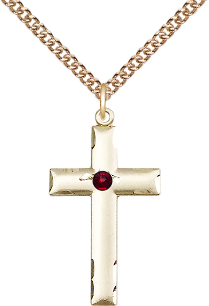 14kt Gold Filled Cross Pendant with a 3mm Garnet Swarovski stone on a 24 inch Gold Filled Heavy Curb chain
