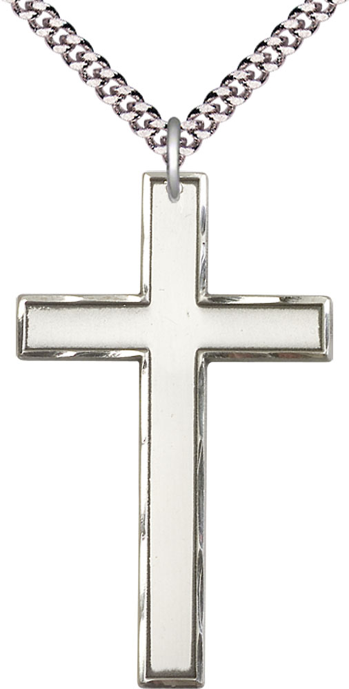 Sterling Silver Cross Pendant on a 24 inch Light Rhodium Heavy Curb chain