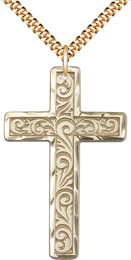 14kt Gold Filled Knurled Cross Pendant on a 24 inch Gold Plate Heavy Curb chain