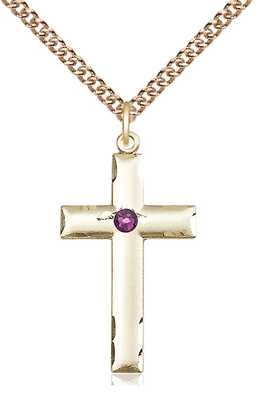 14kt Gold Filled Cross Pendant with a 3mm Amethyst Swarovski stone on a 24 inch Gold Filled Heavy Curb chain