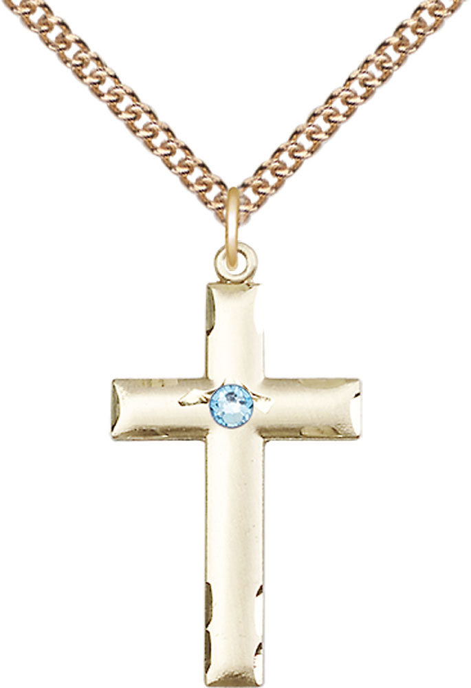 14kt Gold Filled Cross Pendant with a 3mm Aqua Swarovski stone on a 24 inch Gold Filled Heavy Curb chain
