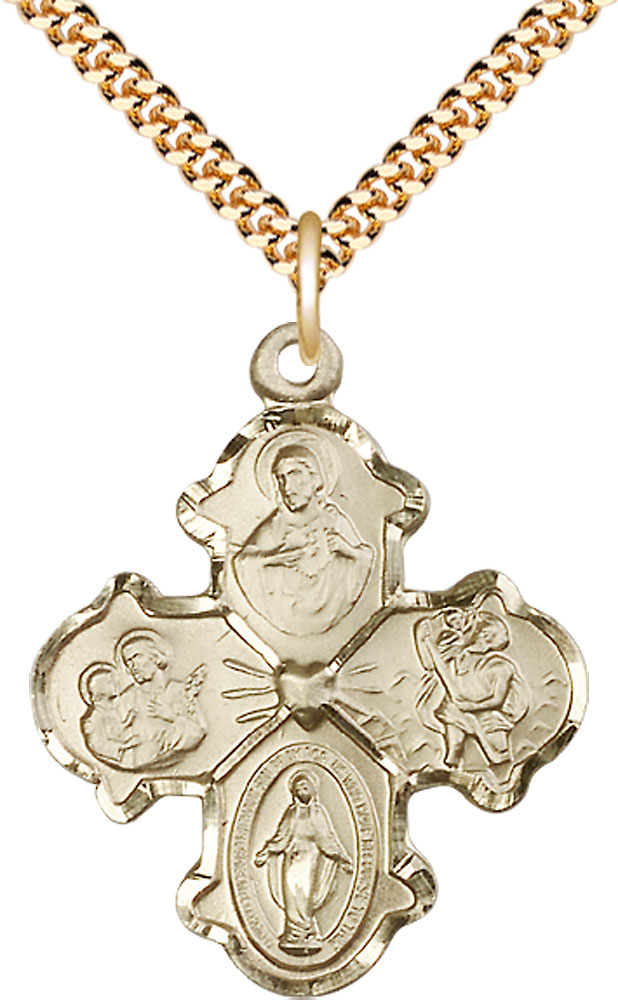 14kt Gold Filled 4-Way Pendant on a 24 inch Gold Plate Heavy Curb chain