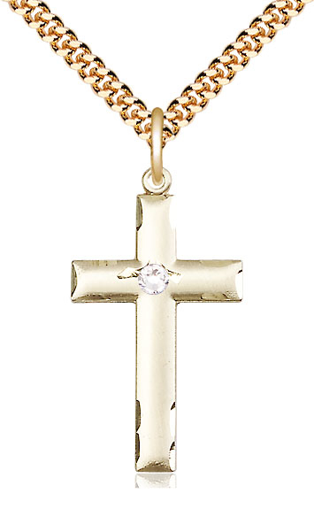 14kt Gold Filled Cross Pendant with a 3mm Crystal Swarovski stone on a 24 inch Gold Plate Heavy Curb chain