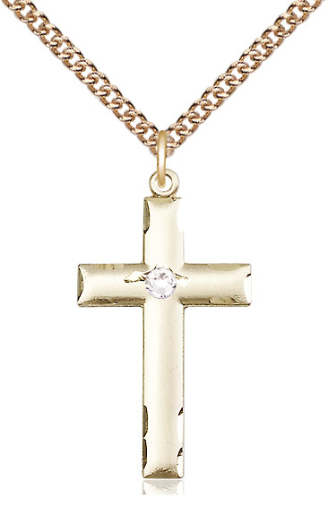 14kt Gold Filled Cross Pendant with a 3mm Crystal Swarovski stone on a 24 inch Gold Filled Heavy Curb chain