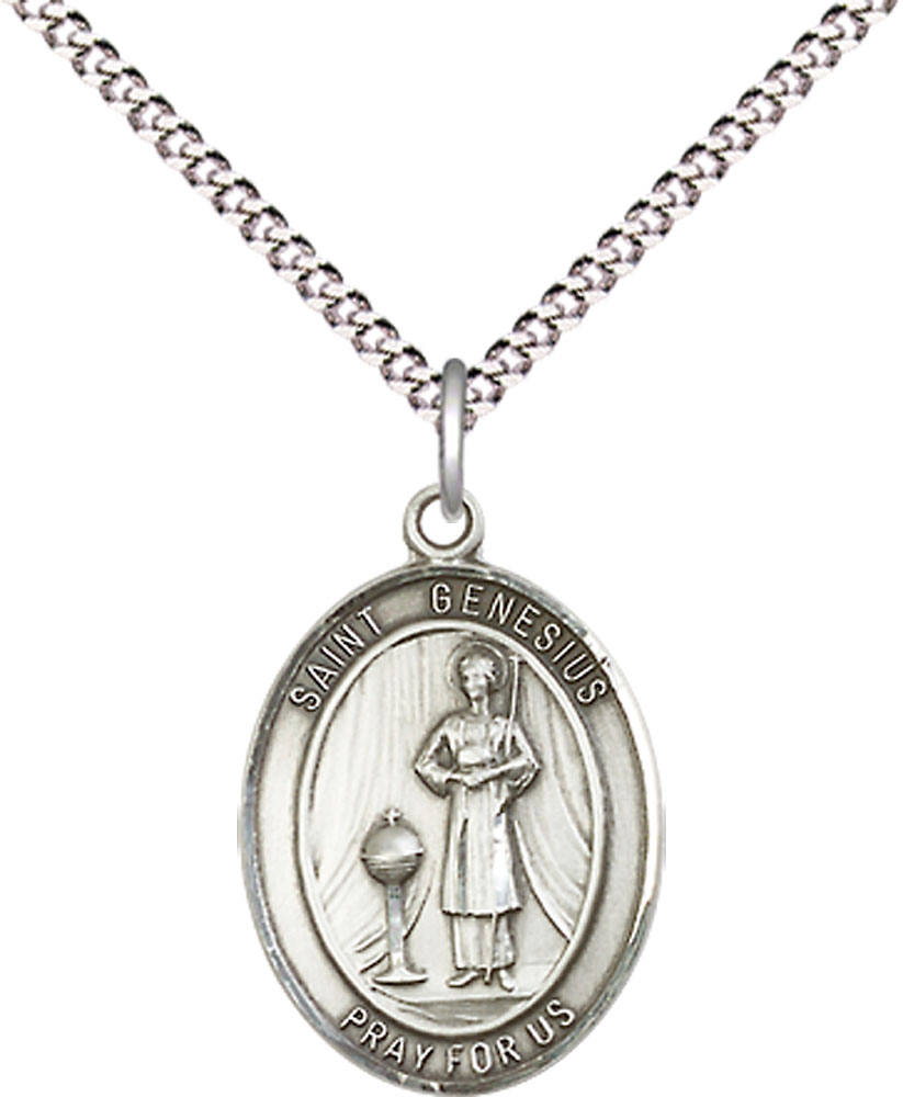 Sterling Silver Saint Genesius of Rome Pendant on a 18 inch Light Rhodium Light Curb chain