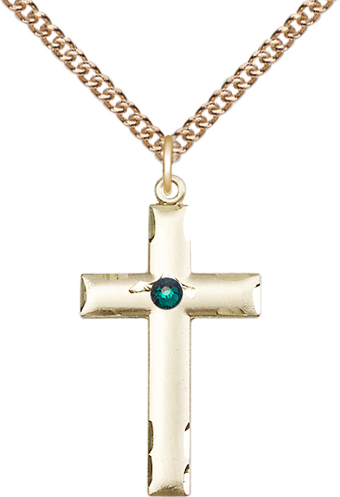 14kt Gold Filled Cross Pendant with a 3mm Emerald Swarovski stone on a 24 inch Gold Filled Heavy Curb chain