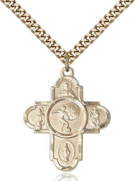 14kt Gold Filled 5-Way Soccer Pendant on a 24 inch Gold Plate Heavy Curb chain