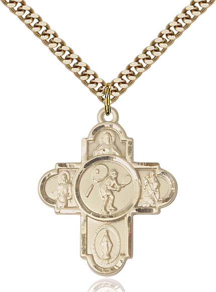 14kt Gold Filled 5-Way Tennis Pendant on a 24 inch Gold Plate Heavy Curb chain