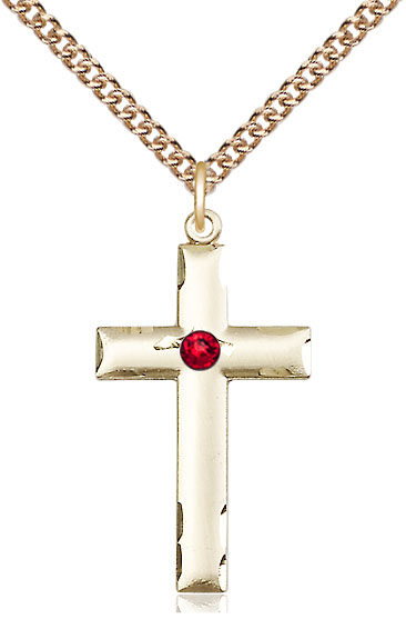 14kt Gold Filled Cross Pendant with a 3mm Ruby Swarovski stone on a 24 inch Gold Filled Heavy Curb chain