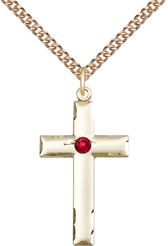 14kt Gold Filled Cross Pendant with a 3mm Ruby Swarovski stone on a 24 inch Gold Filled Heavy Curb chain