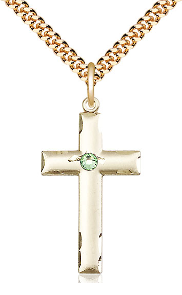 14kt Gold Filled Cross Pendant with a 3mm Peridot Swarovski stone on a 24 inch Gold Plate Heavy Curb chain
