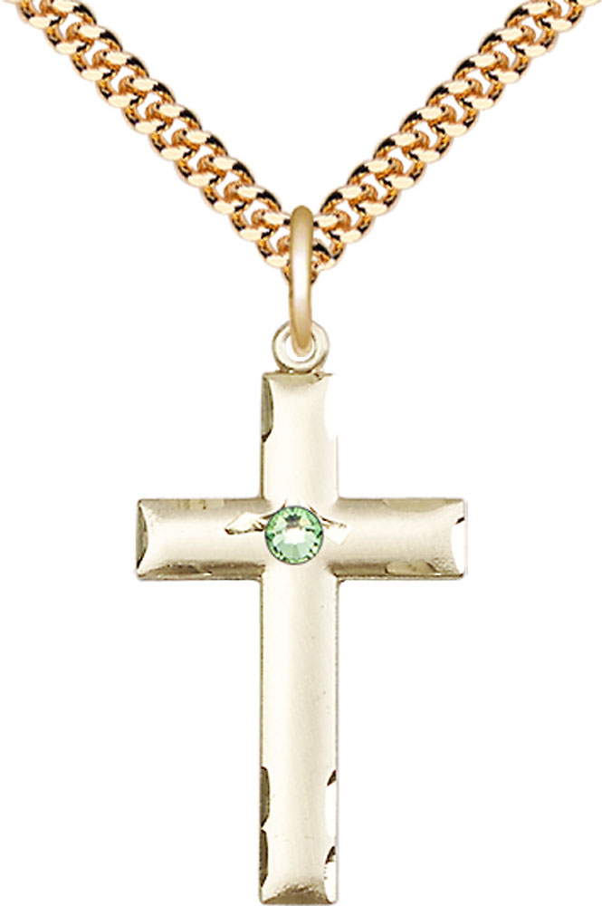 14kt Gold Filled Cross Pendant with a 3mm Peridot Swarovski stone on a 24 inch Gold Plate Heavy Curb chain