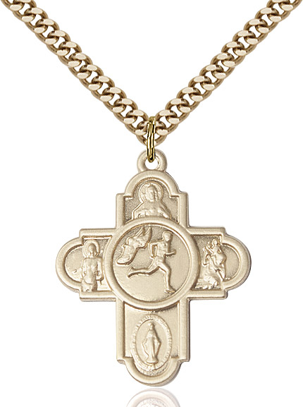 14kt Gold Filled 5-Way Track&amp;Field Pendant on a 24 inch Gold Plate Heavy Curb chain