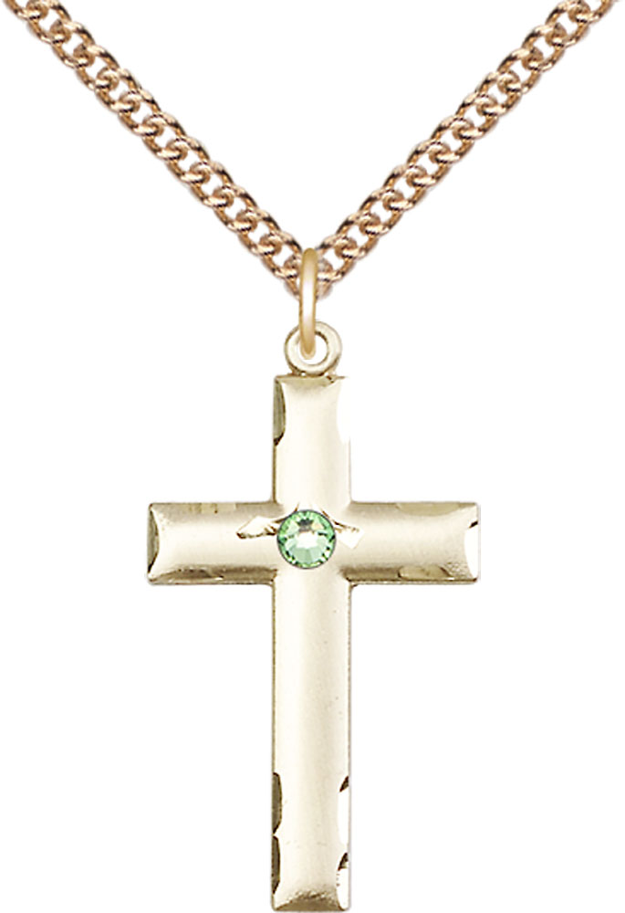 14kt Gold Filled Cross Pendant with a 3mm Peridot Swarovski stone on a 24 inch Gold Filled Heavy Curb chain