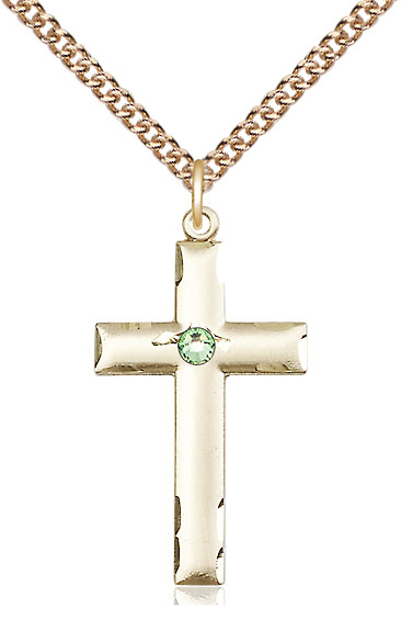14kt Gold Filled Cross Pendant with a 3mm Peridot Swarovski stone on a 24 inch Gold Filled Heavy Curb chain