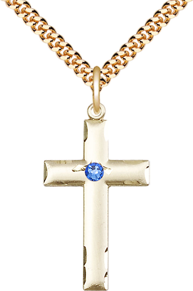 14kt Gold Filled Cross Pendant with a 3mm Sapphire Swarovski stone on a 24 inch Gold Plate Heavy Curb chain
