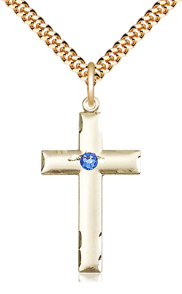 14kt Gold Filled Cross Pendant with a 3mm Sapphire Swarovski stone on a 24 inch Gold Plate Heavy Curb chain